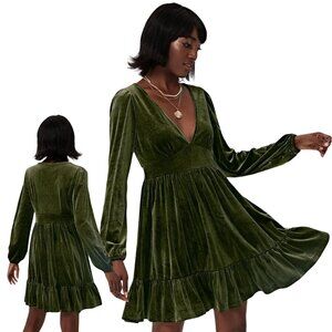 HALARA Deep V Neck Ruffled Hem Velvet Rifle Green Mini Party Dress XS NWT